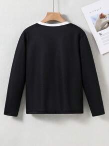 Oversize Mädchen Einfarbig Patchwork Langarm Katzen Muster Einfaches Lässig T-Shirt
