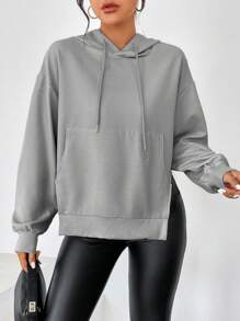 SHEIN Essnce 袋鼠口袋落肩袖下擺開叉抽繩連帽衫 - 灰色 - 查看 1