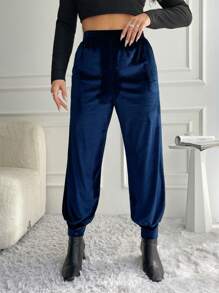 SHEIN Cottnline Plus Size Solid Color Jogger Pants With Side Pockets For Women - Navy Blue - View 1