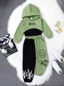 SHEIN 女小童字母圖案不對稱下擺連帽衫和運動褲&吊帶上衣 - 綠色 - 查看 6