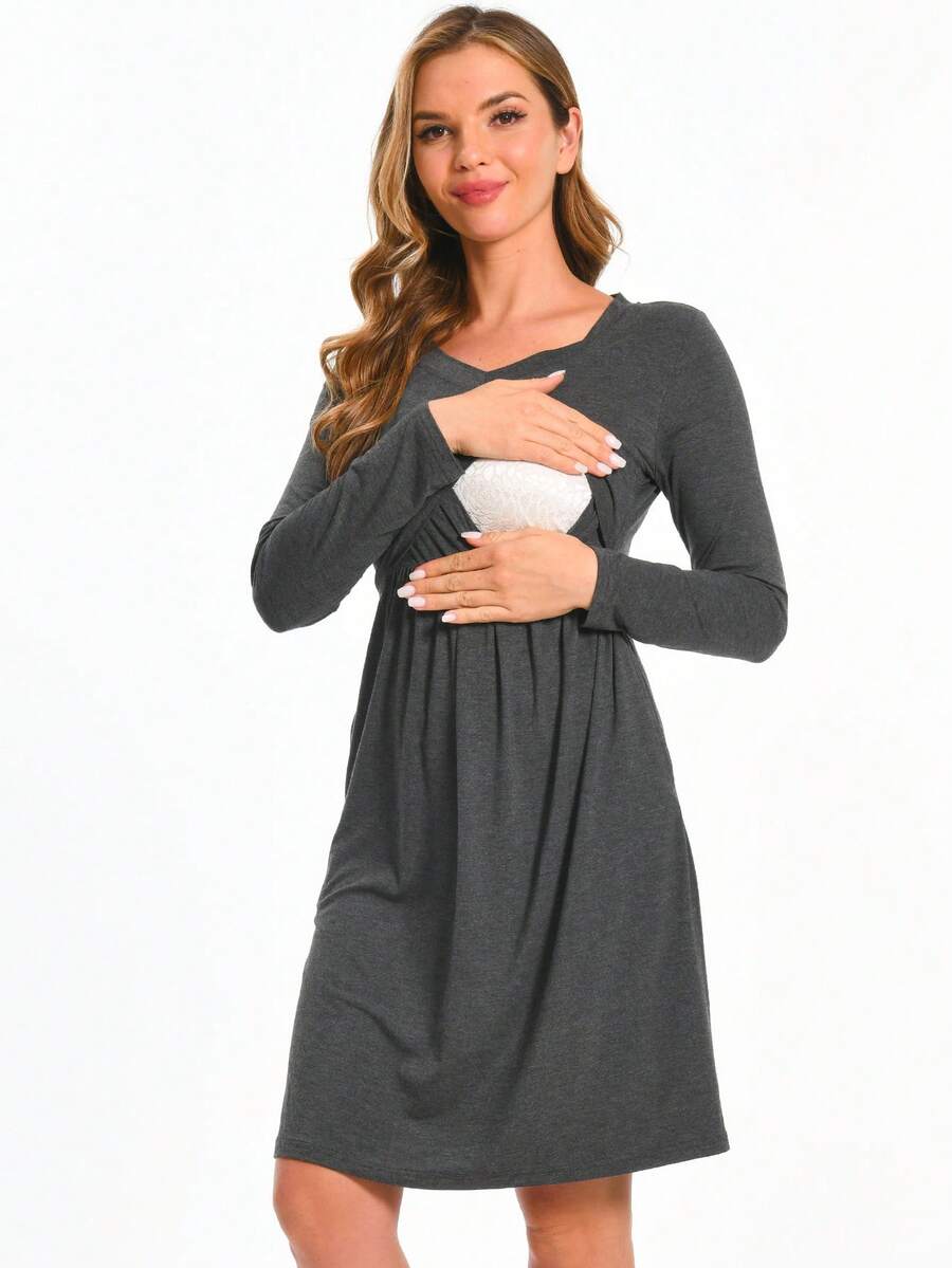 Maternity Solid Nursing Dress - Dark Grey - View 1