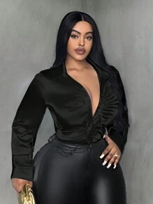 Slaydiva Women's Plus Size Pleated Shirt - Black - View 4