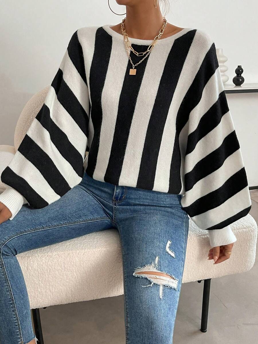 SHEIN LUNE Striped Pattern Batwing Sleeve Knit Pullover Fall Winter Sweater - Multicolor - View 1