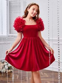 SHEIN 少女針織純色天鵝絨配網紗大花裝飾方領泡泡袖連衣裙 - 紅色 - 查看 6