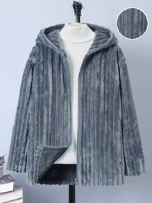 SHEIN Tween Boy Open Front Hooded Fleece Coat Without Sweater - Grey - View 1