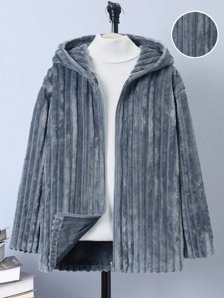 SHEIN Tween Boy Open Front Hooded Fleece Coat Without Sweater - Grey - View 1