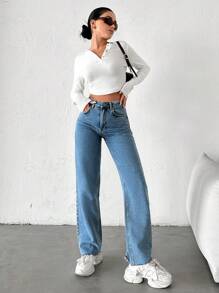 EURMUSE Raw Hem Straight Leg Jeans - Blue - View 5