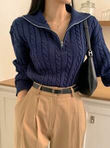 DAZY Women's Cable Knit Half-Zip Sweater - Navy Blue - View 2