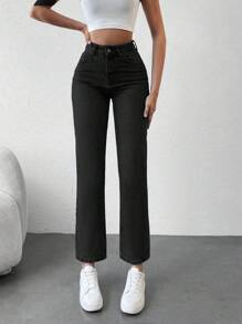 RueChic High Waisted Straight Leg Jeans - Black - View 4