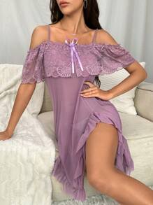 Ren tương phản Vai lạnh Viền Ruffle Nơ mặt trước Lưới Váy ngủ - Màu tím - Xem 6