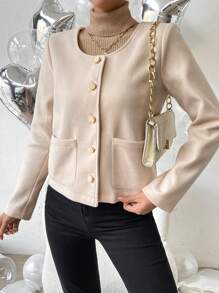 SHEIN LUNE Dual Pocket Button Front Overcoat - Apricot - View 5