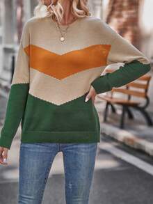 SHEIN LUNE Pull À Blocs De Couleurs À Chevrons Épaule tombante - Kaki - Voir 4