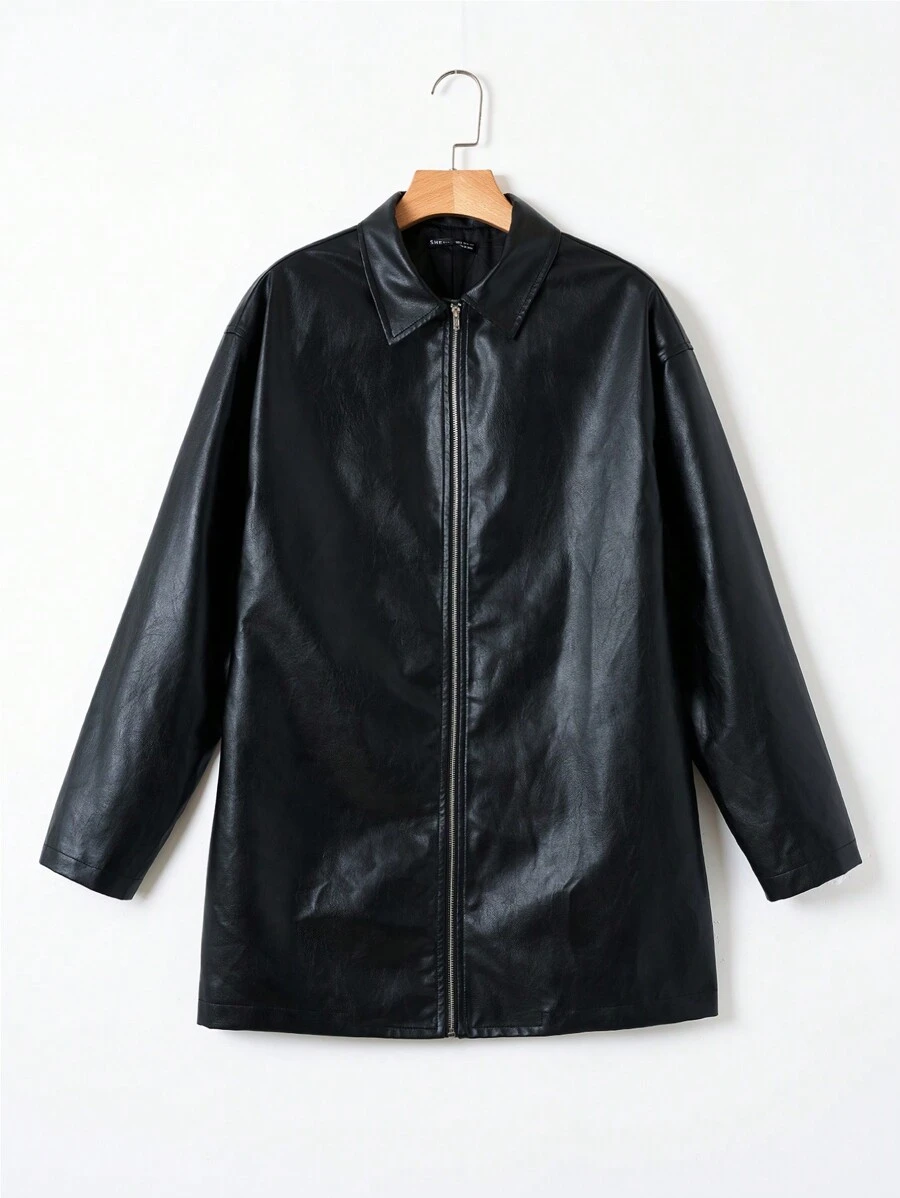 SHEIN EZwear Drop Shoulder Zip Up PU Leather Coat - Black - View 1