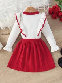 SHEIN 女小童可愛荷葉邊蝴蝶結套頭毛衣帶寬鬆中長半身裙套裝 - 紅白色 - 查看 2