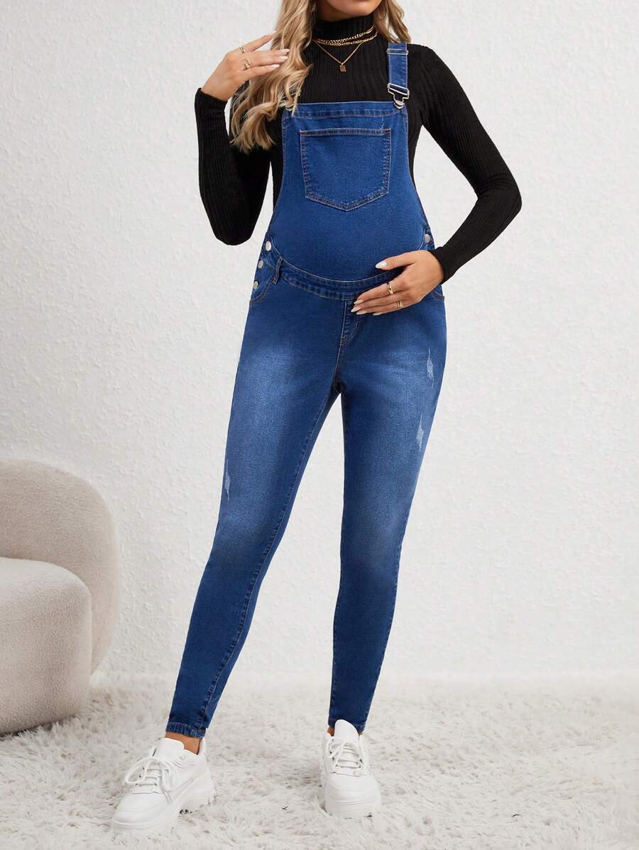 SHEIN 孕婦1入組補丁貼口袋牛仔背帶褲 - 中等水洗藍 - 查看 1