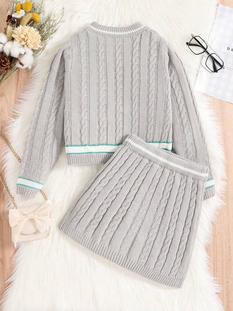 Girls' Preppy Style Sweater And Dress Set With Knitwear For Autumn And Winter