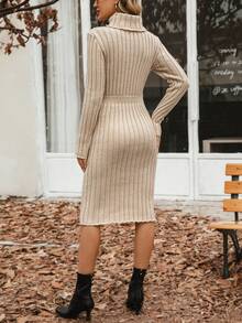 SHEIN Privé Turtleneck Ribbed Knit Bodycon Sweater Dress - Khaki - View 2