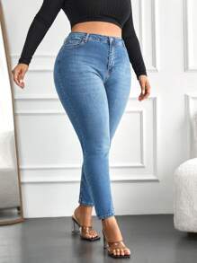 SHEIN Cottnline Plus High Waist Skinny Jeans - Baby Blue - View 3