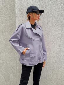 SHEIN ICON Drop Shoulder Belted Moto Jacket - Purple - View 3