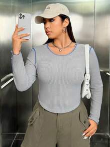 SHEIN EZwear Talla grande Camiseta con puntada en contraste tejido waffle - Gris Claro - Ver 4