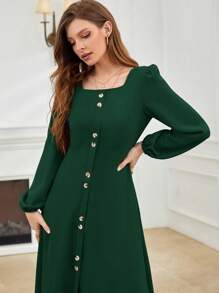 Mulvari Cổ vuông Tay áo lồng đèn Nút phía trước Váy A Line - Màu xanh lá cây đậm - Xem 3