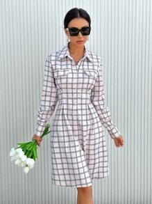 GENKIRA 格紋印花翻蓋細節襯衫洋裝 - 杏色 - 查看 3