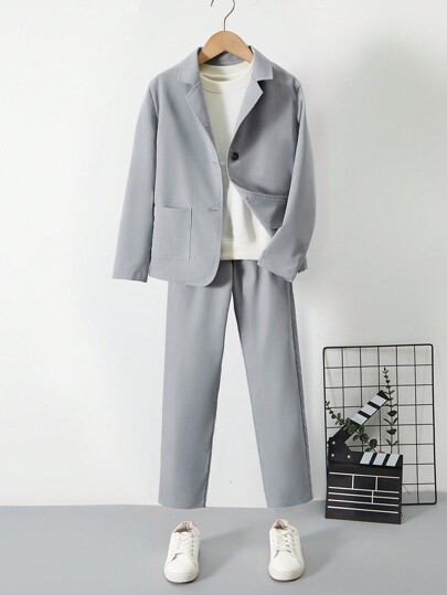 SHEIN Conjunto de 2 peças para Meninos Adolescentes, Jaqueta de Terno Casual e Calça Longa, Adequado para Entrevistas de Trabalho e Casamentos