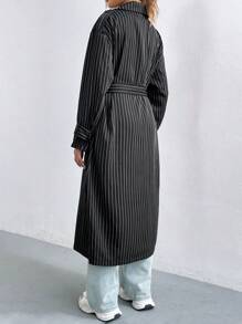 SHEIN Unity Striped Print Belted Trench Coat - Black and White - View 3