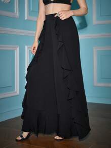 Alice McCall Designer Ruffle Trim Wide Leg Pants, For Summer, Holiday, Vacation - Black - View 4