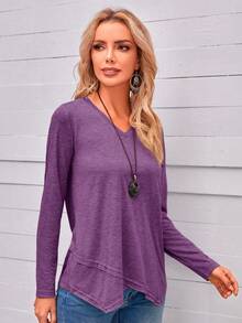 EMERY ROSE V-Neck Asymmetrical Hem Long Sleeve Top - Purple - View 5