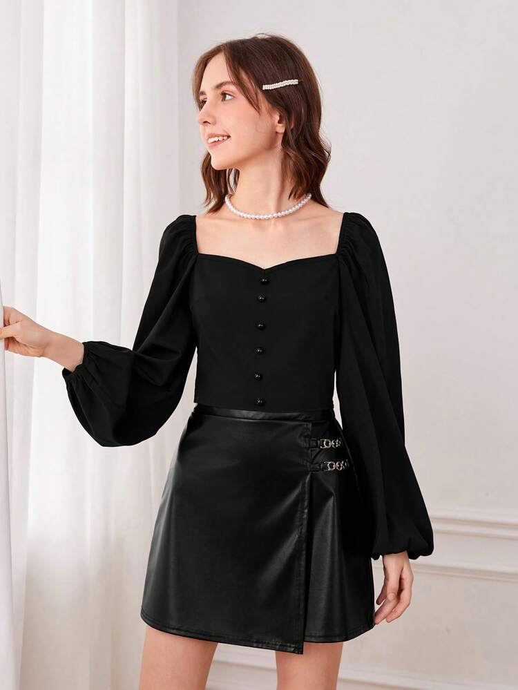 2pcs/Set Teen Girls' Sweetheart Collar Long Sleeve Shirt And Double Chain Decorated Pu Skirt