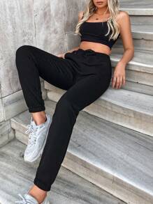 RueChic Solid Drawstring Waist Sweatpants - Black - View 5