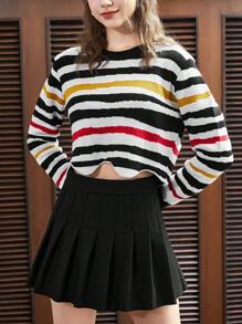 SHEIN EZwear Striped Pattern Scallop Hem Crop Sweater - Multicolor - View 4