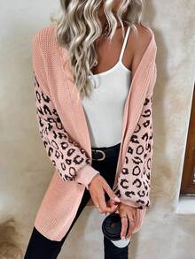 SHEIN Frenchy Áo khoác cardigan trễ vai họa tiết da báo - Bụi hồng - Xem 3