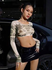 SHEIN ICON Graphic Print Crop Sheer Mesh Top - Multicolor - View 6