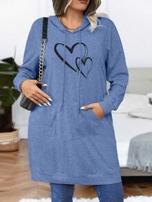 Calvaya Sudadera con bolsillo canguro y cordón ajustable con estampado de corazón para tallas grandes - Neblina azul - Ver 3