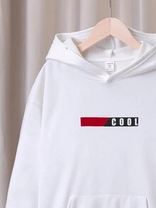 SHEIN Tween 男孩寬鬆學院風連帽字母印花運動衫和運動褲套裝 - 黑與白 - 查看 5