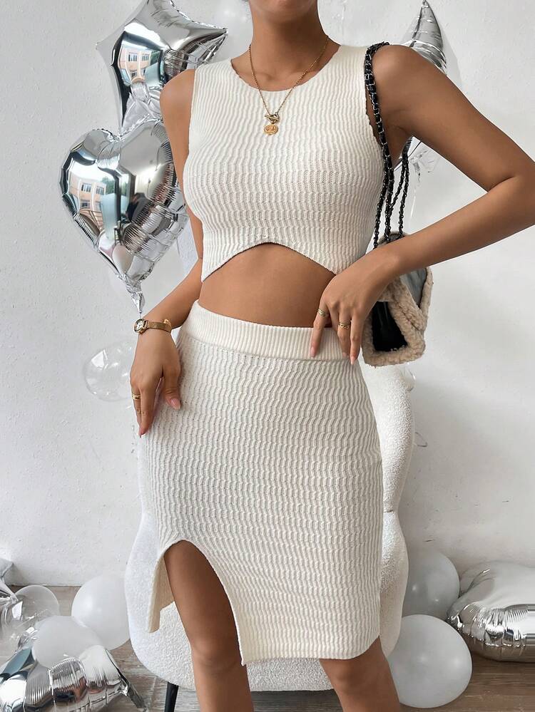 Solid Ribbed Knit Tank Top & Split Hem Skirt
