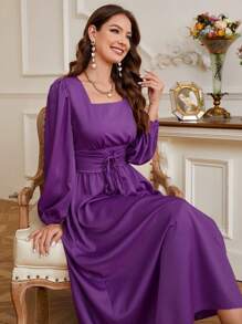 Modelyn Square Neck Lantern Sleeve Lace Up Front Dress - Purple - View 5