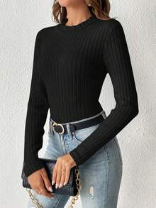 SHEIN Frenchy 純色肋紋針織連身衣 - 黑色 - 查看 4