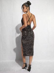 SHEIN BAE Split Thigh Sequin Cami Dress - Champagne - View 2