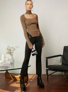 SHEIN Privé Solid Choker Neck Asymmetrical Hem Sweater - Khaki - View 3