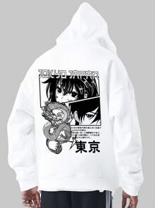 ROMWE MEN Anime Men's White Hoodie With Cartoon Printed On Back - White - View 3