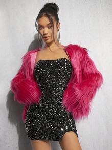 SHEIN BAE 下擺開叉亮片抹胸緊身連衣裙 - 銀色 - 查看 4