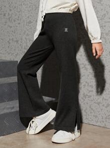 SHEIN Tween Girl Sporty Fit Flared Trousers With Slit Hem - Dark Grey - View 1