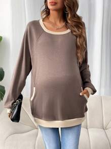 SHEIN Maternity Contrast Trim Raglan Sleeve Sweatshirt, For Winter - Khaki - View 1