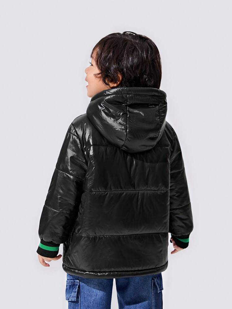 Young Boy Letter Patched Detail Zip Up Hooded Padded Coat With Bag