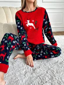 RueChic Christmas Elk & Snowflake Pattern Flannel PJ Set - Đỏ - Xem 1
