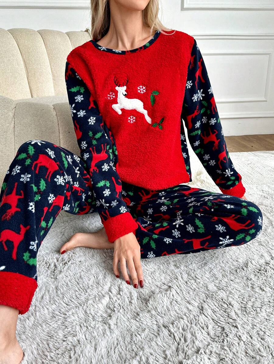 RueChic Christmas Elk & Snowflake Pattern Flannel PJ Set - Đỏ - Xem 1
