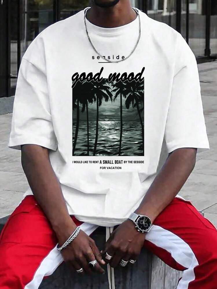 Manfinity Homme Hombres Camiseta con slogan & con estampado de árbol - Blanco - Añade 1